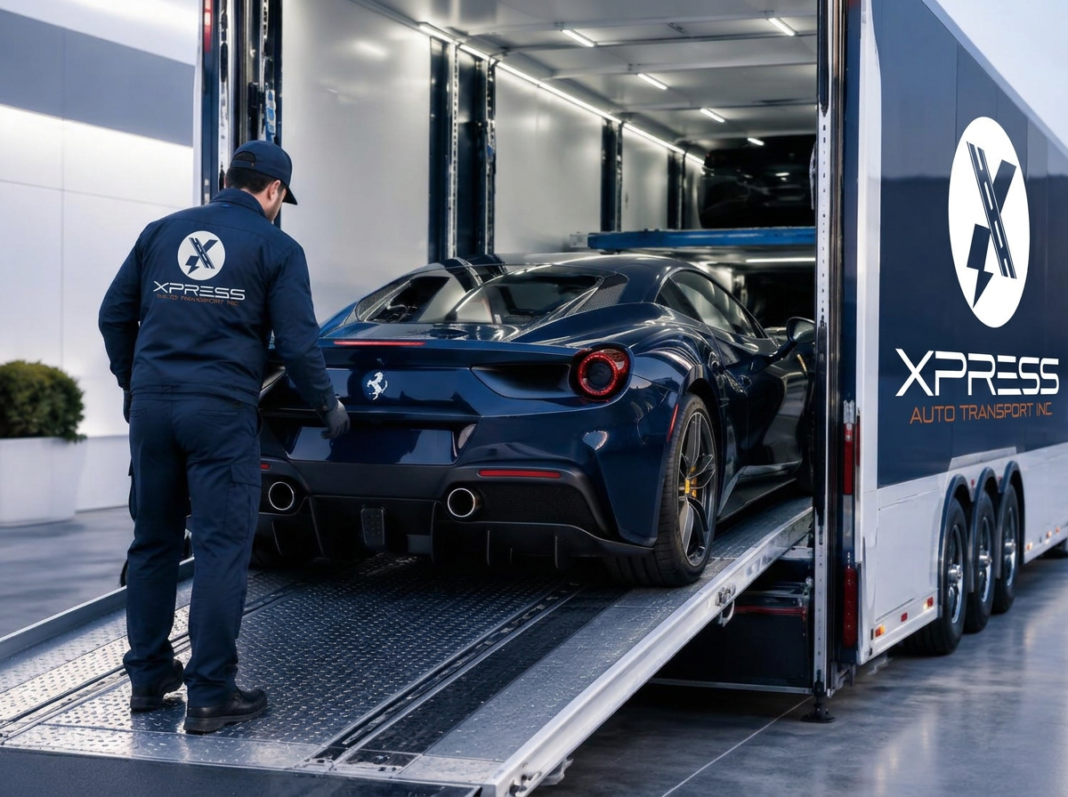 Sports car loaded into enclosed transport